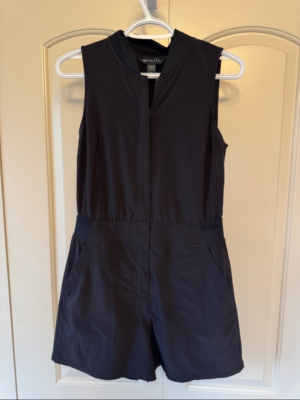 Athleta Black Sleeveless Zip-Front Romper